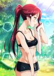  1girl absurdres bare_shoulders black_shorts breasts cleavage collarbone commentary_request dolphin_shorts from_side groin hair_ornament hairclip highres kougi_hiroshi long_hair looking_away love_live! love_live!_sunshine!! medium_breasts navel outdoors ponytail red_hair sakurauchi_riko short_shorts shorts smile solo sports_bra sportswear stomach sweat towel wiping_sweat yellow_eyes 