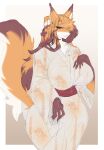  2022 anthro big_breasts blush breasts brown_body brown_fur canid canine carsen claws clothed clothing curvy_figure female finger_claws fluffy fluffy_tail fox fur gloves_(marking) hair hi_res mammal markings multicolored_body multicolored_fur partially_clothed simple_background smile solo thick_thighs two_tone_body two_tone_fur voluptuous wide_hips 