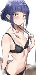  1girl absurdres arm_behind_back audio_jack bangs black_bra black_panties blue_eyes blue_hair blunt_bangs blush boku_no_hero_academia bra breath closed_mouth collarbone extra_ears flat_chest from_side highres jirou_kyouka lace-trimmed_bra lace_trim looking_at_viewer looking_to_the_side navel panties pulled_by_self short_hair sidelocks solo stomach strap_pull sweatdrop underwear wavy_mouth zd_(pixiv6210083) 