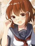  1girl absurdres anchor_symbol bespectacled black_sailor_collar brown_eyes brown_hair commentary_request glasses hair_ornament hairclip highres ikazuchi_(kancolle) kantai_collection neckerchief one-hour_drawing_challenge open_mouth red_neckerchief sailor_collar school_uniform serafuku short_hair smile solo upper_body yamamori_oyatsu 