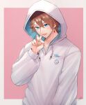  1boy bangs blue_eyes brown_hair earrings genshin_impact hair_between_eyes highres hood hoodie jewelry long_sleeves male_focus mirin_pengin multiple_boys open_mouth single_earring smile solo tartaglia_(genshin_impact) white_hoodie 