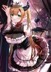  1girl bangs blonde_hair blue_eyes blush breasts cleavage demon_girl demon_horns demon_tail demon_wings forest highres himeyamayuri hololive horns large_breasts long_hair maid nature official_alternate_costume pointy_ears solo tail virtual_youtuber wings yuzuki_choco 