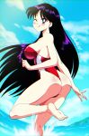  1girl :p absurdres ass bare_legs barefoot beach bishoujo_senshi_sailor_moon black_hair danmakuman from_behind highres hino_rei long_hair looking_at_viewer looking_back one-piece_swimsuit one_eye_closed purple_eyes red_one-piece_swimsuit solo swimsuit tongue tongue_out 