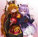  anthro big_breasts blush bottomwear breast_grab breast_squish breasts breasts_frottage canid canine clothed clothing duo female female/female fox hair hand_on_breast lagomorph leporid mammal purple_hair rabbit ruri_tsubame skirt squish 