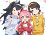  3girls :d ahoge animal_ear_fluff animal_ears aqua_eyes bangs black_hair blue_eyes brown_hair closed_eyes closed_mouth commentary_request crossed_arms green_eyes hair_ornament hairband hand_on_another&#039;s_head highres hololive jacket long_hair long_sleeves looking_at_viewer low-tied_long_hair machico_maki multicolored_hair multiple_girls ookami_mio oozora_subaru open_clothes open_jacket open_mouth pants pink_hair red_hair red_hairband sakura_miko shirt short_hair smile streaked_hair swept_bangs tail track_jacket track_pants track_suit upper_body v very_long_hair virtual_youtuber white_hair white_hairband white_shirt wolf_ears wolf_girl wolf_tail yellow_hairband zipper 