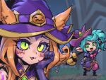 2girls :d bangs bewitching_neeko bewitching_poppy blonde_hair blush colored_sclera fang gloves green_eyes green_hair hand_on_own_cheek hand_on_own_face hand_up holding holding_staff league_of_legends medium_hair multiple_girls neeko_(league_of_legends) official_alternate_costume open_mouth pants phantom_ix_row pink_headwear pink_pants pink_sclera pointy_ears poppy_(league_of_legends) portrait puffy_short_sleeves puffy_sleeves pumpkin purple_headwear shiny shiny_hair short_sleeves slit_pupils smile staff tongue tongue_out twintails yellow_eyes yordle 