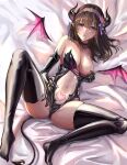  1girl absurdres alternate_costume bare_shoulders bat_wings black_gloves black_thighhighs blue_eyes breasts brown_hair choker cleavage demon_horns elbow_gloves gloves highres horns idolmaster idolmaster_cinderella_girls latex_thighhighs long_hair looking_at_viewer lying medium_breasts navel nyome991 on_bed open_mouth pink_tattoo pointy_ears presenting pubic_tattoo sagisawa_fumika shiny solo stomach tail tattoo thighhighs thighs wings 