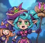  2girls :d :o bangs bewitching_neeko bewitching_poppy blonde_hair bow bowtie breasts cleavage commentary facial_mark fang gloves green_eyes green_hair hat holding holding_staff league_of_legends long_hair medium_breasts moon multicolored_background multiple_girls neeko_(league_of_legends) night official_alternate_costume outdoors pants phantom_ix_row pink_bow pink_bowtie pink_pants pointy_ears poppy_(league_of_legends) puffy_short_sleeves puffy_sleeves purple_gloves purple_headwear shiny shiny_hair short_sleeves smile staff symbol-only_commentary teeth tree upper_teeth whisker_markings witch_hat yordle 