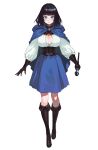  1girl bangs black_hair blue_cape blue_eyes blue_skirt blush boots breasts brown_footwear brown_gloves cape cleavage collar commentary english_commentary full_body gemi_ningen gloves highres holding hood hood_down hooded_cape knee_boots large_breasts long_hair looking_at_viewer original parted_lips shirt simple_background skirt solo standing sweat tachi-e white_background white_shirt 