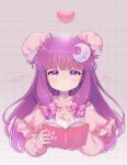  1girl adapted_costume blush book bun_cover crescent crescent_hair_ornament dress hair_ornament heart highres holding holding_book iris_anemone long_hair long_sleeves open_book parted_lips patchouli_knowledge pink_dress purple_eyes purple_hair solo touhou upper_body 