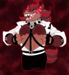  belt brown_body brown_fur canid canine canis chippybooru choco_werehound_brute clothing cookie_run cookie_run_kingdom devsisters fur gloves handwear hi_res horn humanoid jacket jewelry male mammal muscular necklace red_eyes red_horn sharp_teeth solo teeth topwear wolf 