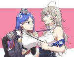  2girls ahoge anger_vein bare_shoulders black_gloves black_jacket black_necktie blue_eyes blue_hair breast_press breasts commentary crop_top dress_shirt elbow_gloves gloves grey_eyes headgear highres jacket kantai_collection large_breasts long_hair midriff military military_uniform multicolored_hair multiple_girls necktie necktie_grab neckwear_grab off_shoulder open_clothes open_jacket pink_background red_hair rindou_(rindou_annon) shirt short_sleeves sleeveless sleeveless_shirt south_dakota_(kancolle) star_(symbol) symbol-only_commentary symmetrical_docking two-tone_background uniform washington_(kancolle) white_background white_hair white_shirt 