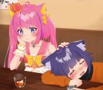  1boy 1girl :3 absurdres against_table ahoge alcohol androgynous animal_ear_fluff animal_ears arm_pillow bangs bar_(place) bell blue_eyes blue_hair blush bow choker closed_eyes collarbone crown cup drinking_glass drooling drunk earrings frilled_choker frills gold_trim hair_bow hand_on_another&#039;s_head headpat heart-shaped_ornament highres holding holding_cup indie_virtual_youtuber jacket jewelry kemomimi_oukoku_kokuei_housou liloshi_(vtuber) long_hair looking_at_another mini_crown mouth_drool multicolored_hair neck_bell nekomasu-chan no_gloves no_headwear open_mouth orange_jacket pink_choker pink_hair pink_sailor_collar purple_hair red_nails sailor_collar scarf shirt sign single_earring sleeping streaked_hair twintails two_side_up virtual_youtuber white_choker white_shirt white_wrist_cuffs wrist_cuffs yellow_bow zenmaimaru 