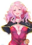  1girl black_bull_(emblem) black_capelet black_clover breasts capelet cat choker cleavage crystal_earrings earrings highres jewelry long_eyelashes nac_tw open_mouth pink_hair purple_eyes red_cat red_choker red_shirt shirt sitting_on_shoulder smile solo vanessa_enoteca wavy_hair white_background 