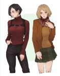  2girls ada_wong ashley_graham black_hair blonde_hair blush breasts brown_eyes large_breasts medium_breasts multiple_girls orange_shirt perlmuttt resident_evil resident_evil_4 scarf shirt short_hair simple_background skirt sweater turtleneck 