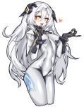  1girl absurdres bodysuit covered_navel cowboy_shot girls&#039;_frontline godgamesc2 grey_bodysuit hands_up headgear heart highres long_hair nyto_(girls&#039;_frontline) tareus_(girls&#039;_frontline) white_background white_hair yellow_eyes 