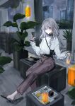  1girl absurdres bag belt blush cellphone cup drinking_glass earrings grey_hair handbag highres jewelry long_hair looking_at_viewer maria_(syake-uni) original phone plant potted_plant purple_eyes sitting sleeves_past_wrists slippers smartphone solo 