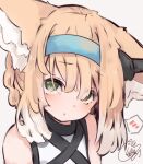  :t animal_ear_fluff animal_ears arknights bangs bare_shoulders beni_shake blonde_hair blue_hairband blush closed_mouth commentary_request eyes_visible_through_hair fox_ears green_eyes grey_background hair_between_eyes hairband looking_at_viewer pout shirt simple_background sleeveless sleeveless_shirt spoken_blush suzuran_(arknights) upper_body white_shirt 