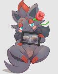  4_breasts anthro areola blush breasts canid canine female fur generation_5_pokemon genitals hi_res honeymono looking_at_viewer mammal multi_breast nintendo nipples nude pokemon pokemon_(species) pussy simple_background smile solo video_games zorua 