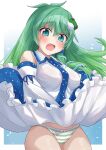  1girl absurdres aqua_eyes bare_shoulders blue_skirt blush border clothes_lift commission cowboy_shot detached_sleeves frog_hair_ornament green_hair hair_between_eyes hair_ornament highres japanese_clothes kochiya_sanae long_hair nontraditional_miko open_mouth panties pixiv_request ramie_(ramie541) revision skirt skirt_lift snake_hair_ornament solo striped striped_panties touhou underwear white_border white_sleeves wide_sleeves wind wind_lift 