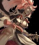  1girl amputee baiken big_hair breasts cleavage eyepatch facial_tattoo guilty_gear guilty_gear_strive highres japanese_clothes katana kimono large_breasts long_hair one-eyed open_clothes open_kimono pink_hair ponytail sash scar scar_across_eye scar_on_face simple_background solo sword tattoo udakyo weapon 