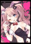  1girl :p absurdres animal_ears bangs bear_hair_ornament black_border blonde_hair blood blue_eyes blush border bow bowtie breasts center_opening cleavage collarbone cowboy_shot danganronpa:_trigger_happy_havoc danganronpa_(series) dutch_angle enoshima_junko fake_animal_ears hair_ornament hana_no_yo hand_up highres large_breasts navel official_alternate_costume one_eye_closed pink_blood playboy_bunny red_bow red_bowtie shiny shiny_hair smile solo tongue tongue_out twintails wrist_cuffs 