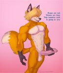  balls big_penis blonde_hair canid canine covered_eyes ear_piercing erection fox genitals glans hair hi_res kyle_driver lapinbeau male mammal muscular nipples nude penis piercing poem solo 