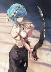  1girl absurdres atelier_(series) atelier_ryza atelier_ryza_2 bangs bare_shoulders blue_hair blutgang_(fire_emblem) braid brown_eyes commission commissioner_upload corset cosplay crown_braid fire_emblem fire_emblem:_three_houses highres holding holding_sword holding_weapon klaudia_valentz klaudia_valentz_(cosplay) marianne_von_edmund o-ring o-ring_top online_neet solo sword weapon 