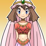  1girl arabian_clothes bangs blue_eyes blush brown_hair choker collarbone eyelashes jiffy0v0 may_(pokemon) midriff pokemon pokemon_(anime) pokemon_dppt_(anime) skirt smile 