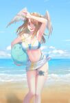  1girl ball bangs beach bikini blue_eyes breast_tattoo breasts brown_hair choker cleavage eunie_(xenoblade) head_wings heavelle large_breasts long_hair looking_at_viewer navel open_mouth smile solo swimsuit tattoo white_wings wings xenoblade_chronicles_(series) xenoblade_chronicles_3 