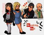  ... 2boys \m/ \n/ artist_name bald_eagle bat_(animal) bird blue_eyes breaking_bad commentary copyright_name cosplay cup eagle english_commentary english_text facial_hair glasses green_eyes highres holding holding_cup how_do_you_do_fellow_kids_(meme) huyandere jane_margolis jane_margolis_(cosplay) jesse_pinkman jesse_pinkman_(cosplay) jewelry logo male_focus meme multiple_boys ring simple_background skyler_white skyler_white_(cosplay) spoken_ellipsis standing sunglasses walter_white walter_white_(cosplay) white_background 