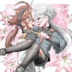  2girls ahoge carrying cresc_info eye_contact flower green_eyes grey_eyes grey_hair gundam gundam_suisei_no_majo hairband highres light_blush lily_(flower) long_hair looking_at_another military military_uniform miorine_rembran multiple_girls necktie necktie_grab neckwear_grab open_mouth pantyhose pink_background ponytail princess_carry red_hair simple_background suletta_mercury teeth thick_eyebrows uniform upper_teeth yuri 