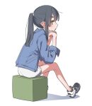  1girl akari_(raigou) ass bangs black_hair blunt_bangs long_hair original pointy_ears ponytail raigou shorts sidelocks sitting thick_eyebrows white_background yellow_eyes 