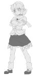  1girl :&lt; bangs blush bow breasts closed_mouth commentary_request crossed_arms footwear_bow full_body greyscale half_updo highres looking_afar mary_janes mizuhashi_parsee monochrome ootsuki_wataru pointy_ears sash scarf shirt shoes short_hair short_sleeves simple_background skirt small_breasts socks solo touhou 