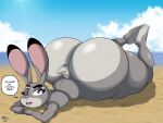  absurd_res anthro beach big_butt bodily_fluids butt disney female hi_res huge_butt hyper hyper_butt judy_hopps lagomorph leporid lying mammal mrxrickyx on_front rabbit seaside solo sweat zootopia 