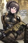  1girl battle_rifle bodysuit brown_hair commentary_request commission english_text fn_scar_17 gun holding holding_gun holding_weapon original parted_lips ponytail purple_eyes rifle signature sitting skeb_commission skin_tight solo sunao_(70_the) trigger_discipline weapon 