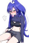  ... 1girl absurdres bangs black_bra black_panties blue_eyes blue_hair blush bra breasts cleavage clothes_lift condom condom_in_mouth grey_skirt hair_between_eyes high_ponytail highres kazanari_tsubasa lifted_by_self long_hair midriff miniskirt mouth_hold navel panties pleated_skirt purple_sweater ribbed_sweater senki_zesshou_symphogear shiny shiny_hair side_ponytail simple_background sitting sketch skirt skirt_lift small_breasts solo speech_bubble spoken_ellipsis stomach sweater sweater_lift tobase_ui underwear very_long_hair white_background 
