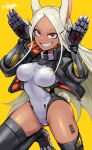  1girl :d animal_ears arms_up bangs barcode barcode_tattoo black_jacket boku_no_hero_academia breasts bunny_pose dark-skinned_female dark_skin highleg highleg_leotard highres jacket knee_up leotard long_eyelashes long_hair looking_at_viewer mechanical_arms mechanical_legs medium_breasts mirko parted_bangs rabbit_ears rabbit_girl rabbit_tail red_eyes signature smile solo sunao_(70_the) tail tail_through_clothes tattoo teeth thighhighs thighs turtleneck very_long_hair white_hair white_leotard yellow_background 