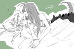  2girls ahoge arknights ban_syou blanket blush breasts closed_mouth completely_nude crocodilian_tail gavial_(arknights) green_background greyscale_with_colored_background hair_over_one_eye hands_on_own_chest heart hickey highres long_hair medium_breasts multiple_girls nude parted_lips pointy_ears smile speech_bubble tail tomimi_(arknights) translation_request under_covers very_long_hair yuri 