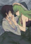  1boy 1girl absurdres bed_sheet black_hair black_shirt c.c. closed_eyes code_geass collarbone collared_shirt couple dress_shirt from_above green_hair grey_shirt hetero highres kiss kissing_hand lelouch_lamperouge long_hair lying okuseric on_side open_clothes open_shirt parted_lips shirt short_hair sleeveless sleeveless_shirt straight_hair strap_gap under_covers very_long_hair wing_collar yellow_eyes 