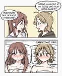  2girls after_sex bed_sheet blush brown_hair closed_eyes closed_mouth ear_blush english_text highres light_brown_hair looking_at_another lying multiple_girls naked_sheet on_back original parted_lips pillow short_hair smile snale sweat sweatdrop under_covers yuri 