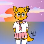  2022 anthro beach canid canine clothed clothing crossdressing footwear fox fur girly gradient_background jun_jun jun_jun_(character) lycalopex male mammal nature nature_background orange_body orange_fur pampas_fox rear_view school_uniform sea seaside shaded simple_background simple_eyes simple_face simple_shading socks solo sunset toony uniform water white_clothing white_footwear white_socks young 