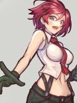  1girl black_gloves breasts collared_shirt gloves grey_background highres kore_(kore) navel necktie open_mouth red_eyes red_hair red_necktie shirt short_hair simple_background sleeveless sleeveless_shirt solo suspenders the_king_of_fighters upper_body vanessa_(kof) white_shirt 
