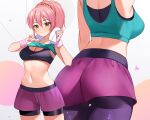  1girl ass bike_shorts bike_shorts_under_shorts blush breasts chotsune_(rvuw5243) cleavage close-up clothes_lift commission crop_top green_tank_top highres idolmaster idolmaster_cinderella_girls jougasaki_mika looking_at_viewer medium_breasts multiple_views navel pink_hair ponytail shirt_lift shorts skeb_commission smile sports_bra tank_top white_towel wristband yellow_eyes 