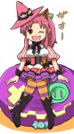  1girl :d animal_ears breasts candy dress food full_body hair_ribbon halloween halloween_costume hat jack-o&#039;-lantern long_hair looking_at_viewer millie_chliette one_eye_closed open_mouth pantyhose pink_hair pointy_ears ponytail pumpkin ribbon simple_background smile solo star_ocean star_ocean_first_departure striped tsukisso white_background 