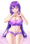  1girl artist_name bangs bare_arms bare_shoulders bed_sheet breasts cleavage commentary commission doki_doki_literature_club hair_between_eyes heart heart_hands heart_print highres large_breasts light_blush long_hair looking_at_viewer midriff navel potetos7 purple_eyes purple_hair sidelocks sitting smile solo spaghetti_strap symbol-only_commentary thighs very_long_hair watermark yuri_(doki_doki_literature_club) 