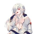  1girl arknights bare_shoulders black_nails breasts bridal_gauntlets cherry covered_nipples detached_sleeves eating food from_below fruit gladiia_(arknights) grey_hair hair_over_one_eye large_breasts long_hair long_sleeves looking_at_viewer looking_down mirrorwu navel no_bra open_clothes open_mouth pointy_ears red_eyes simple_background solo thighhighs tongue tongue_out upper_body white_background 