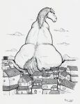  ambiguous_gender butt city city_destruction cloud crush destruction equid equine feral hi_res horse looking_back macro mammal sitting solo thatgryphonguy traditional_media_(artwork) wall_(structure) 