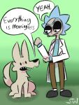  adult_swim ambiguous_gender awoo_(ac_stuart) blue_hair canid canine canis cartoon_network clothing coat dialogue duo feral green_background hair human lab_coat male mammal rick_and_morty rick_sanchez simple_background speech_bubble spiky_hair tan_body tim_(ac_stuart) toony topwear wolf 