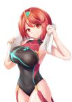  bangs black_one-piece_swimsuit breasts chest_jewel competition_swimsuit highres large_breasts one-piece_swimsuit pyra_(pro_swimmer)_(xenoblade) pyra_(xenoblade) red_eyes red_hair red_one-piece_swimsuit ribbed_swimsuit sebu_illust short_hair strapless strapless_swimsuit striped striped_one-piece_swimsuit swept_bangs swimsuit two-tone_swimsuit vertical-striped_swimsuit vertical_stripes xenoblade_chronicles_(series) xenoblade_chronicles_2 
